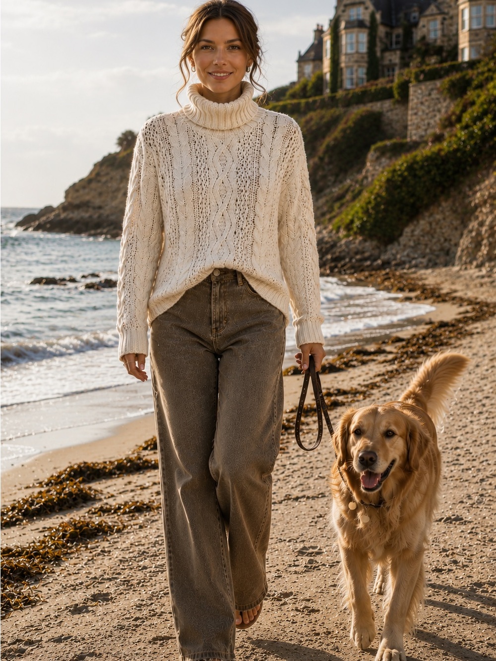 Yorkshire Knitting Co Vintage Cable Knit Fisherman Turtleneck Sweater Ivory Y2K